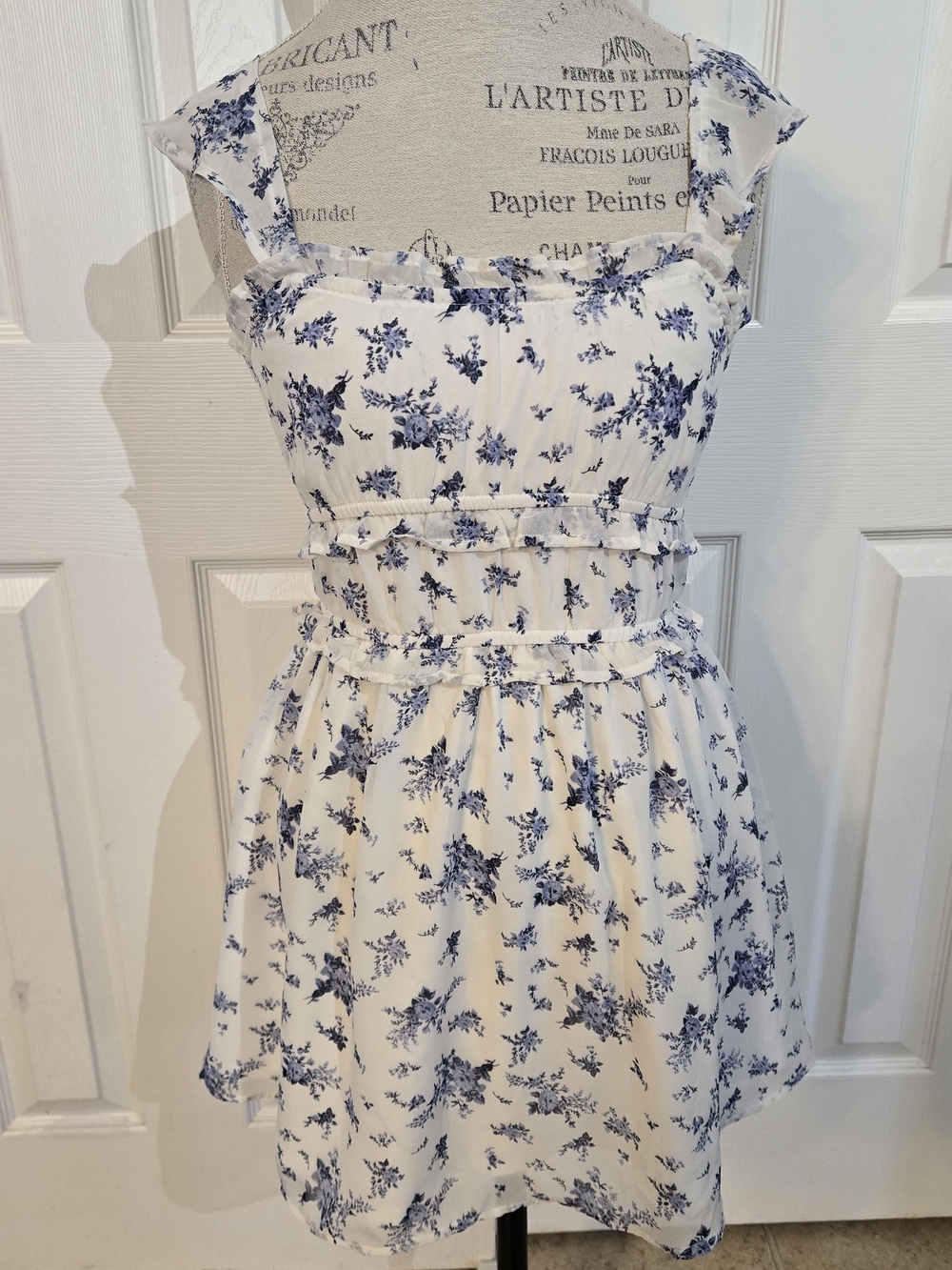 White & Blue Floral Ruffle Mini Dress